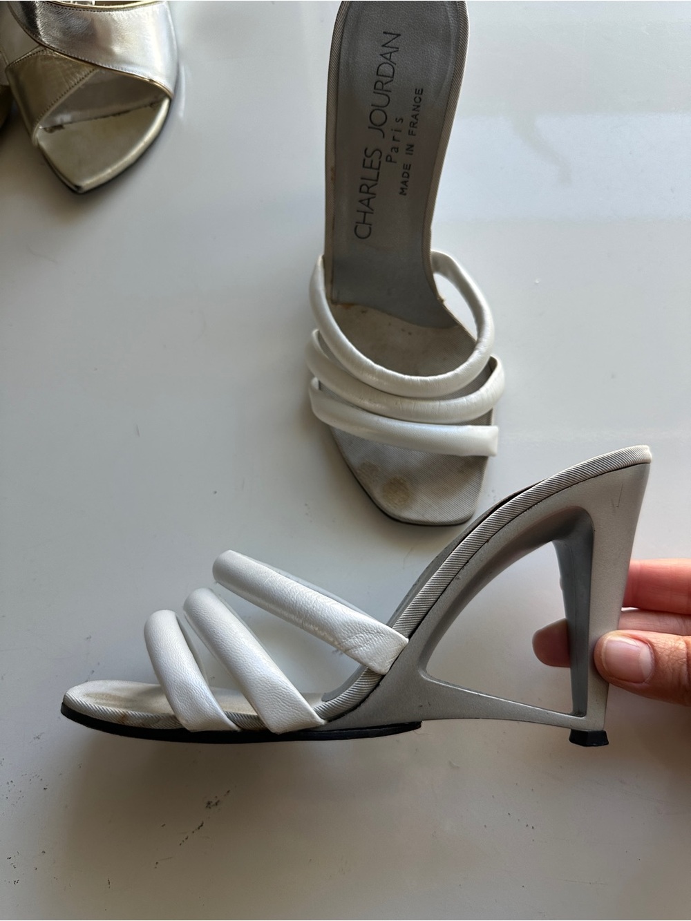 Charles Jourdan White Strappy Open-Side Mule Heels